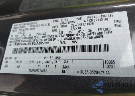 2025 Ford Escape Active z USA, uszkodzony, nr VIN 1FMCU0GN3SUA62700